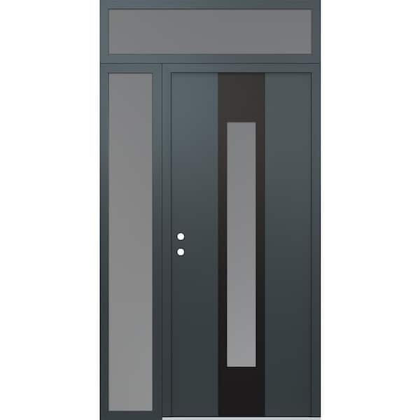 A1 48 in. x 96 in. Panel Black Right-Hand/Inswing Frosted Glass Anth/Anth Sidelite+Transom Steel Prehung Front Door
