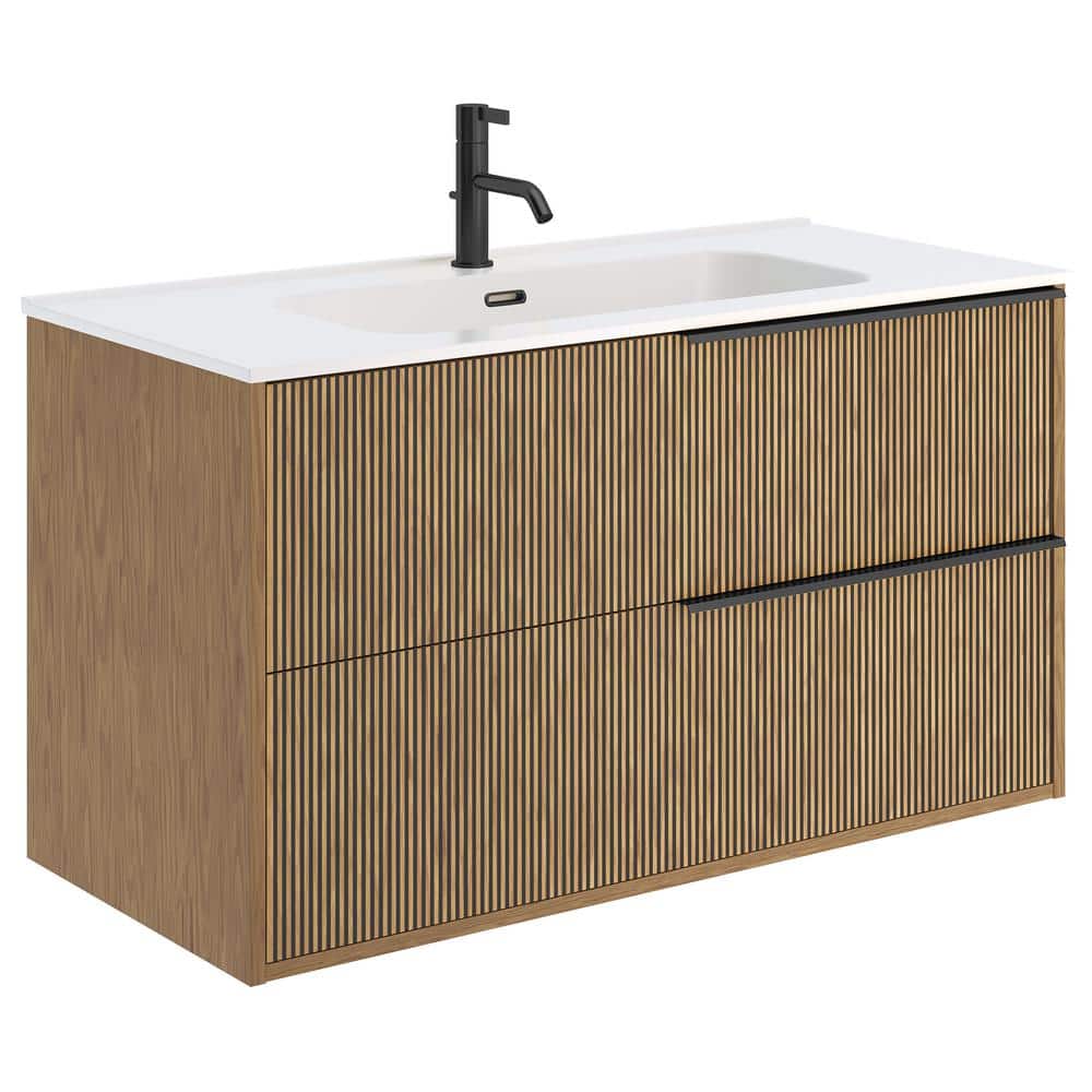 Kora 40" Medium Brown MDF Wall Mounted Vanity with White Ceramic Top