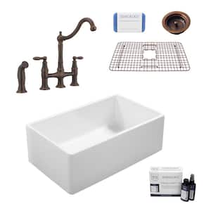 Ward All-in-One Farmhouse Fireclay 33 in. Single Bowl Kitchen Sink with Pfister Bridge Faucet in Bronze and Strainer