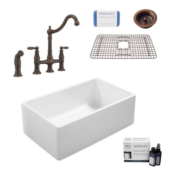 SINKOLOGY Ward All-in-One Farmhouse Fireclay 33 in. Single Bowl Kitchen Sink with Pfister Bridge Faucet in Bronze and Strainer