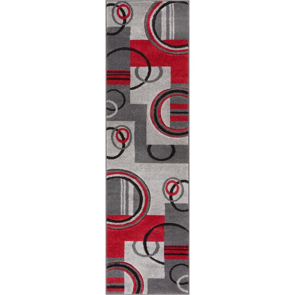 Ruby Galaxy Waves Red and Gray Geometric Runner Rug 2' x 7'