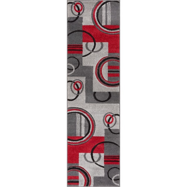Well Woven Ruby Galaxy Waves Grey/Red 2 ft. x 7 ft. Modern Geometric Runner Rug