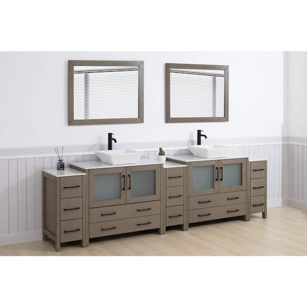 108 in. W Double Basin Driftwood Gray Bath Vanity with White Engineered Marble Top and Mirror