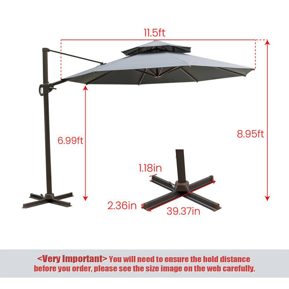 11.5 ft Gray Aluminum Cantilever Patio Umbrella with Double Top