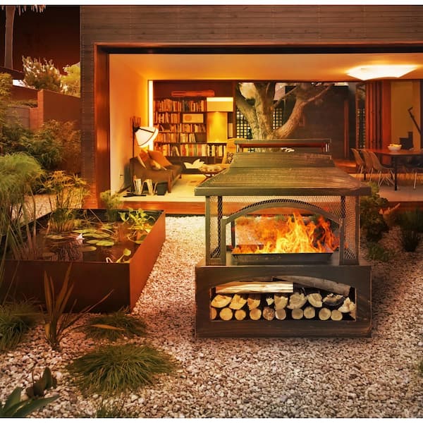 Bronze 37-Inch Rectangular Metal Outdoor Wood Burning Fireplace with Built-in Log Storage and Poker-Brushed, Log Burner