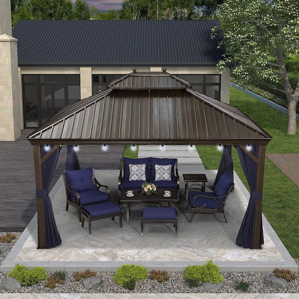 PURPLE LEAF 10 ft.x 13 ft.Bronze Patio Outdoor Gazebo for Backyard Hardtop Aluminum Frame with Hooks,Netting ,Blue Curtain,24 Lights
