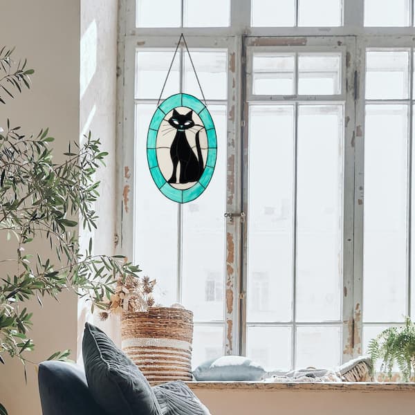 Teal and Black Halloween Cat Stained Glass Window Panel