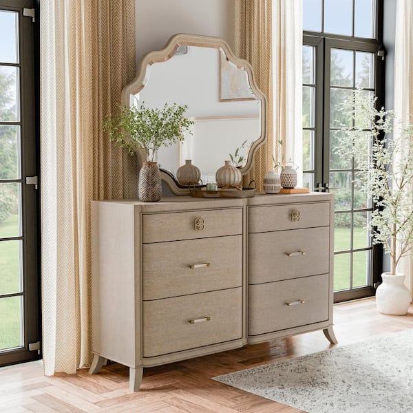 Furniture of America Ellington Modern Natural Oak/Mirror 6-Drawer 64 in. Wide Dresser with Mirror