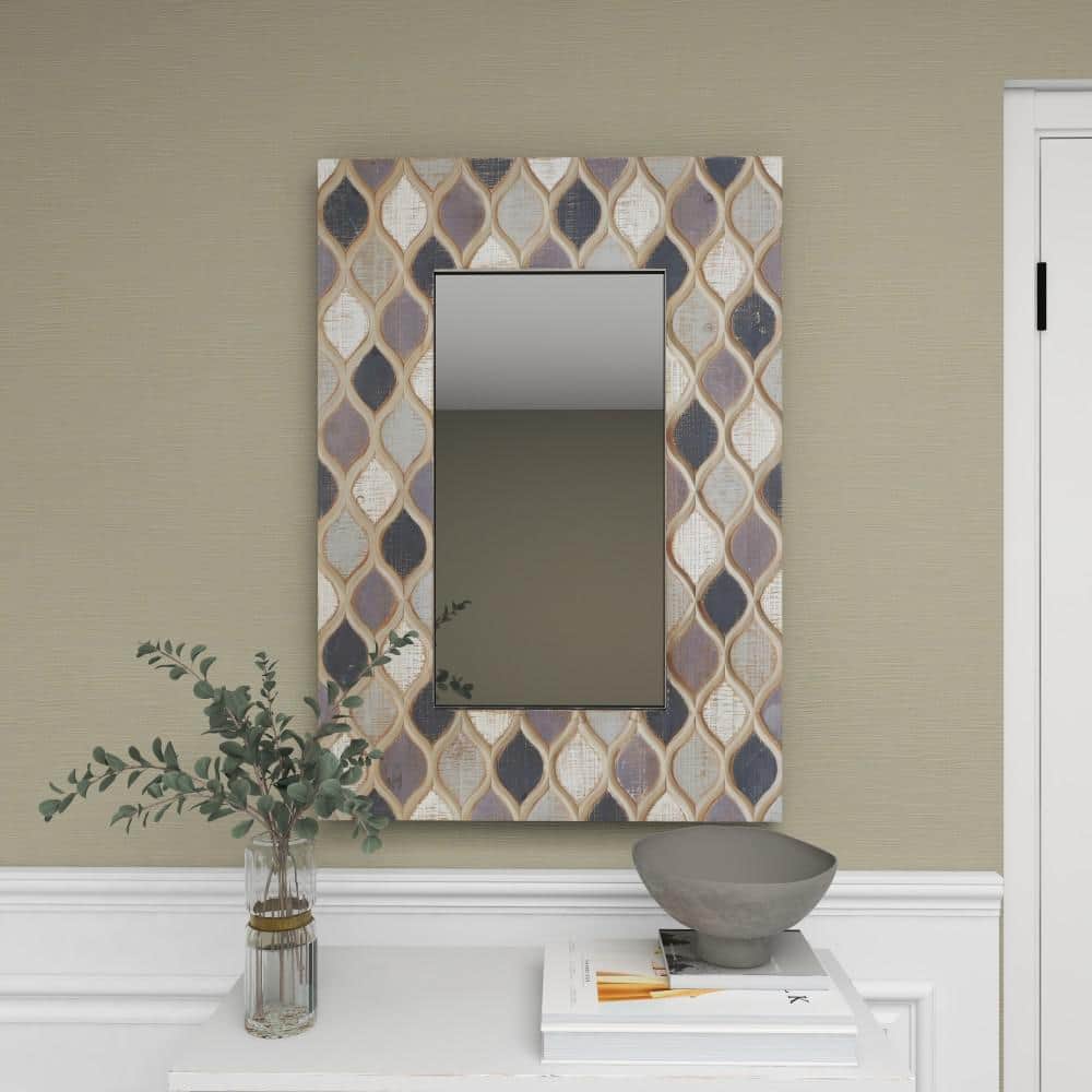 Beige Farmhouse Wood Wall Mirror with Diamond Pattern 28" x 40"