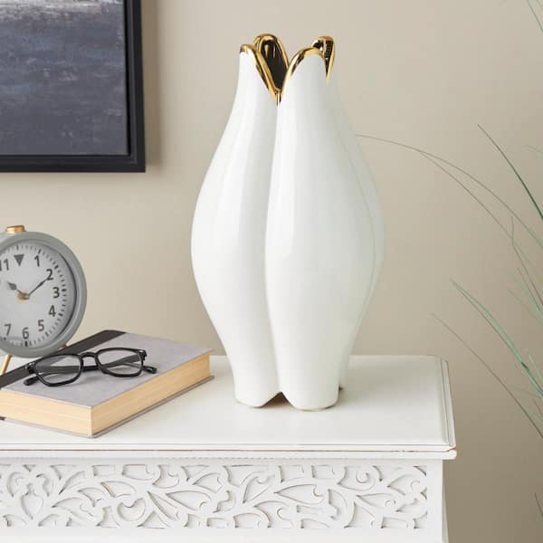 Litton Lane White Dimensional Tulip Shaped Ceramic Decorative Vase with Metallic Gold Rim