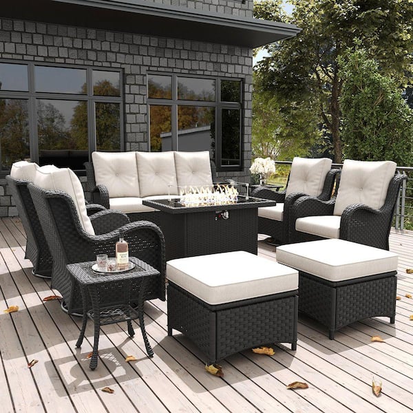10-Piece Wicker Outdoor Fire Pit Conversation Seating Set with Swivel Rocking Chair and Beige Cushions