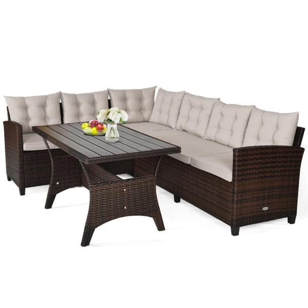 Brown 3-Piece Wicker Outdoor Sectional Set with Beige Cushions