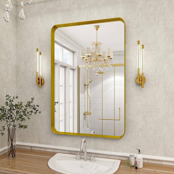 GLSLAND 24 in. W x 35 in. H Rectangular Metal Deep Framed Wall Bathroom Vanity Mirror Gold