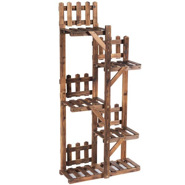 5-Tier Carbon Baking Wood Outdoor Plant Stands Multifunctional Storage Rack Display Shelf