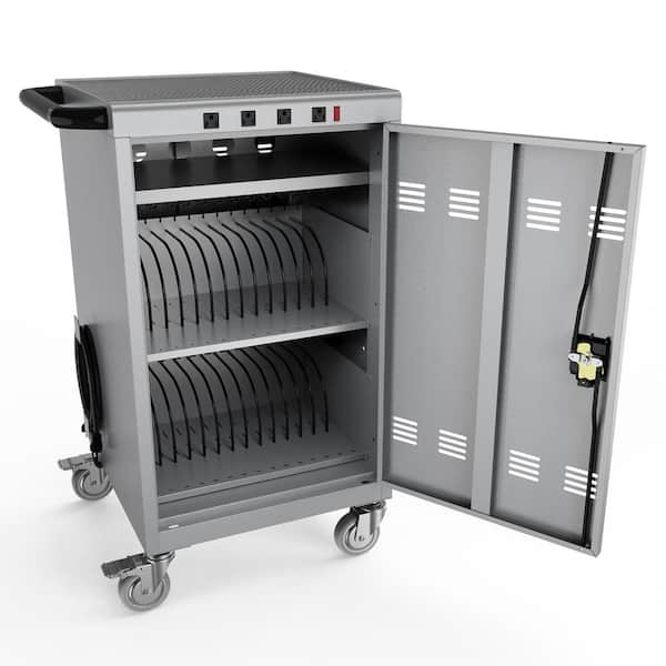32-Device Charging and Storage Cart for iPad Laptop Computers & Chromebook Charging Docking Cart in Grey with 4 Ports
