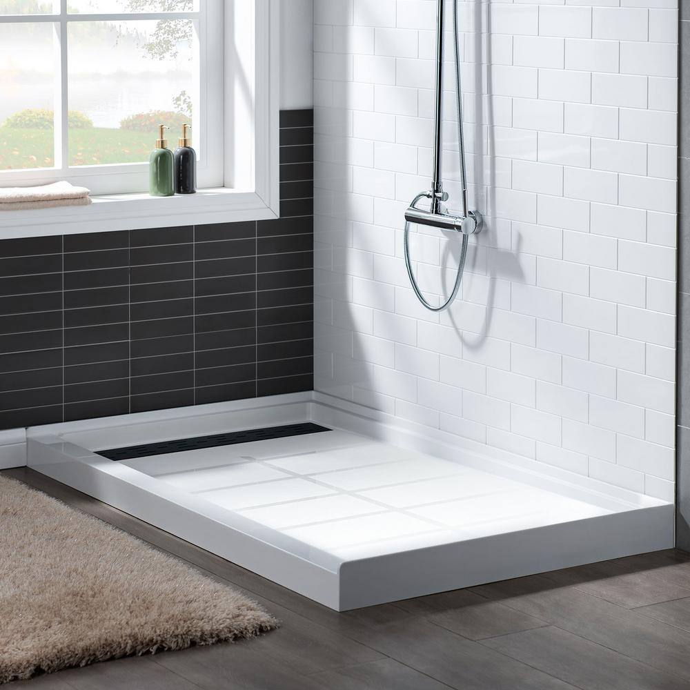 White Rectangular Shower Pan with Matte Black Drain Cover
