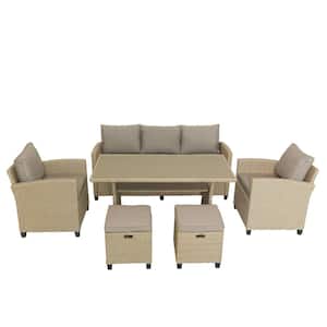 6-Piece Rattan Wicker Outdoor Set Patio Garden Sofa Chair Stools and Table with Brown Cushions