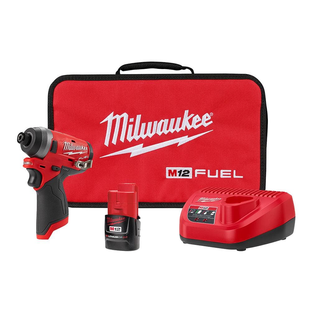 Milwaukee M12 FUEL 12-Volt Lithium-Ion Brushless Cordless 1/4 in. Hex Impact Driver Kit with One 2.0 Ah Battery, Charger and Bag