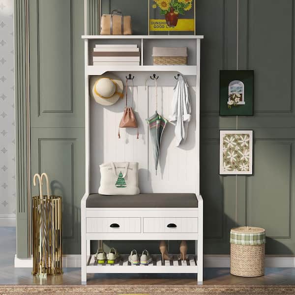 Asucoora Ingrid White 33.5 in. W x 69 in. H Hall Tree with Storage ...