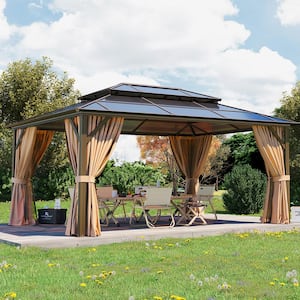 12 ft. x 16 ft. Outdoor Brown Polycarbonate Gazebo with Double Roof, Curtains and Netting