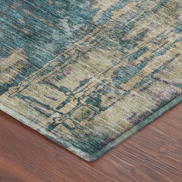 Mayfield Premium Machine Washable Abstract AMF2236 Teal 8 ft. x 8 ft. Round Rug