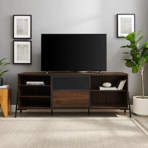 70 in. Dark Walnut Wood and Metal TV Stand with Sliding Metal Mesh Doors (Max tv size 80 in.)