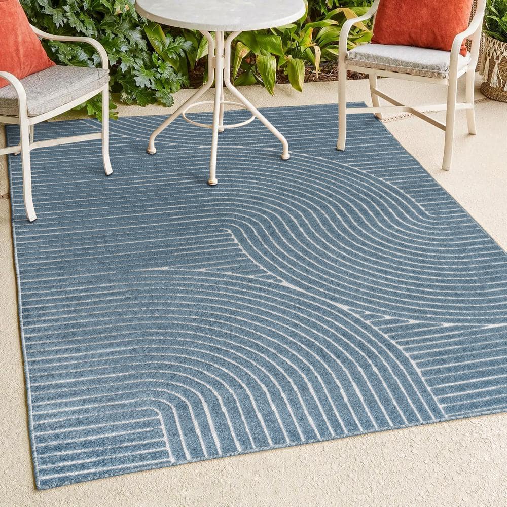 Hallie High-Low Minimalist Curve Geometric Dark Blue/Cream 5 ft. x 8 ft. Indoor/Outdoor Area Rug price history on PriceWatchPro
