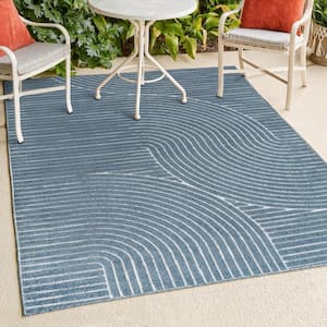 Hallie High-Low Minimalist Curve Geometric Dark Blue/Cream 8 ft. x 10 ft. Indoor/Outdoor Area Rug