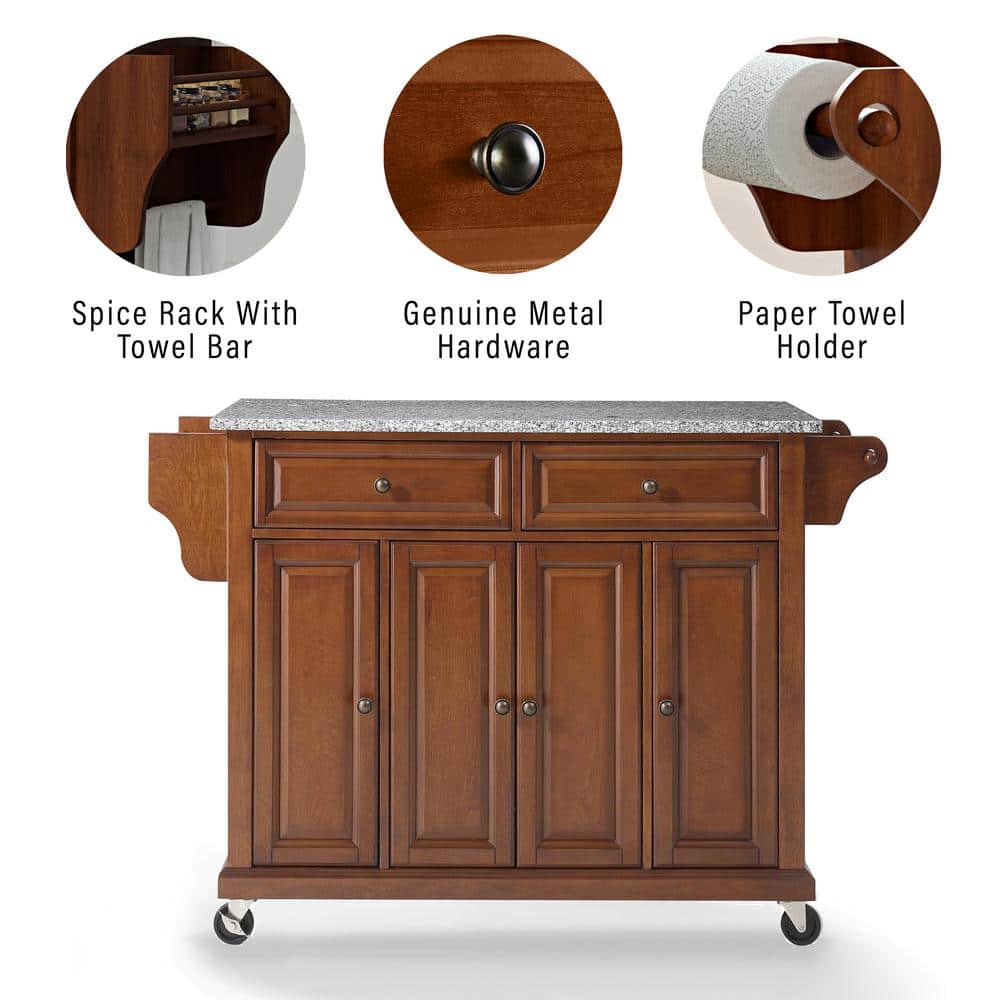 Cherry Granite Top Kitchen Cart with Spice Rack and Storage