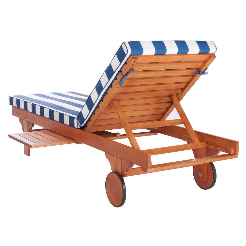 Natural Eucalyptus Wood Chaise Lounge with Blue and White Cushions