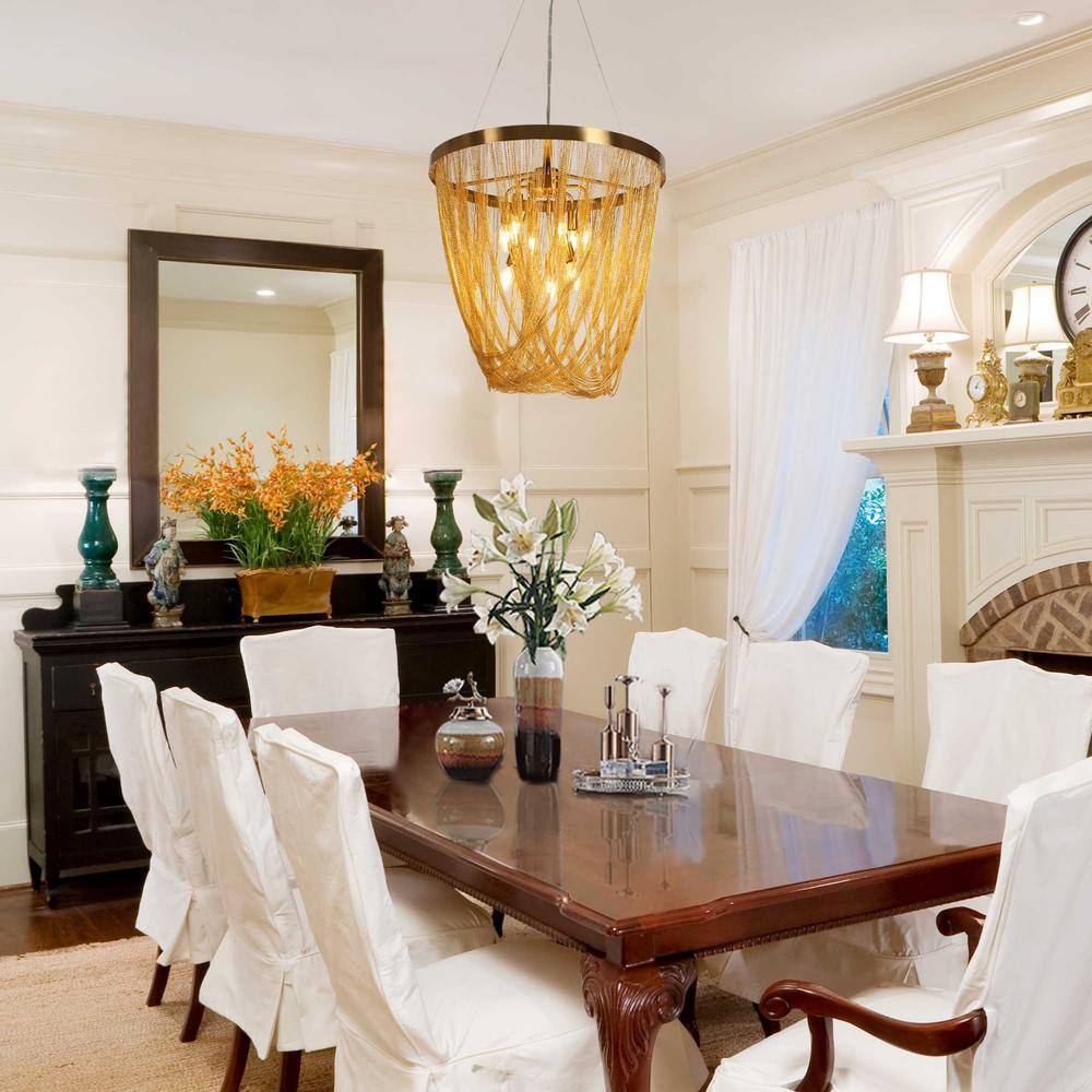 Glamorous Brass and Crystal 9-Light Chandelier with Gold Fringe