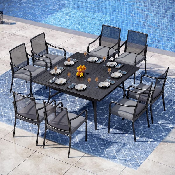 PHI VILLA 9-Piece Black Metal Outdoor Dining Set with Slat Extra-large Square Table and Metal Chairs with Gray Cushions