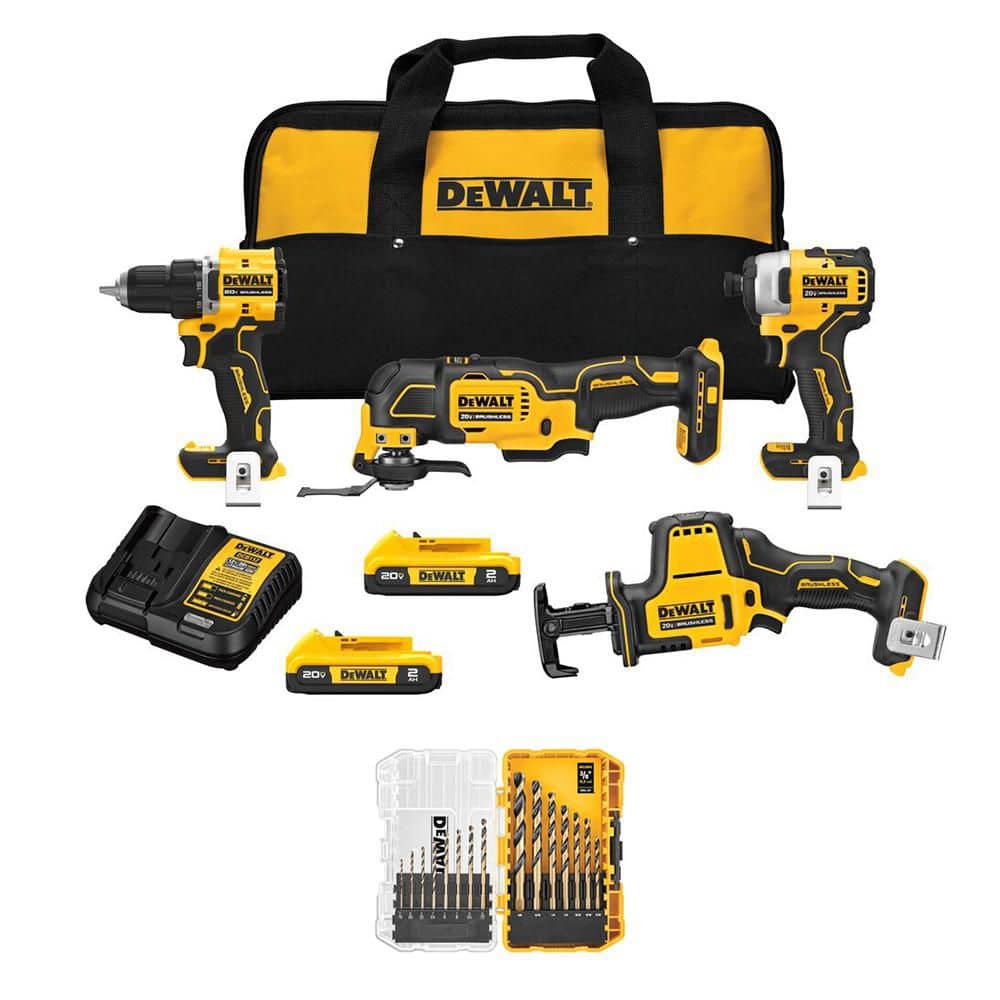 ATOMIC 20V Lithium-Ion Cordless Brushless Combo Kit (4-Tool) and Drill Bits (15-Pc) w/ (2) 2Ah Batteries, Charger & Bag price history on PriceWatchPro