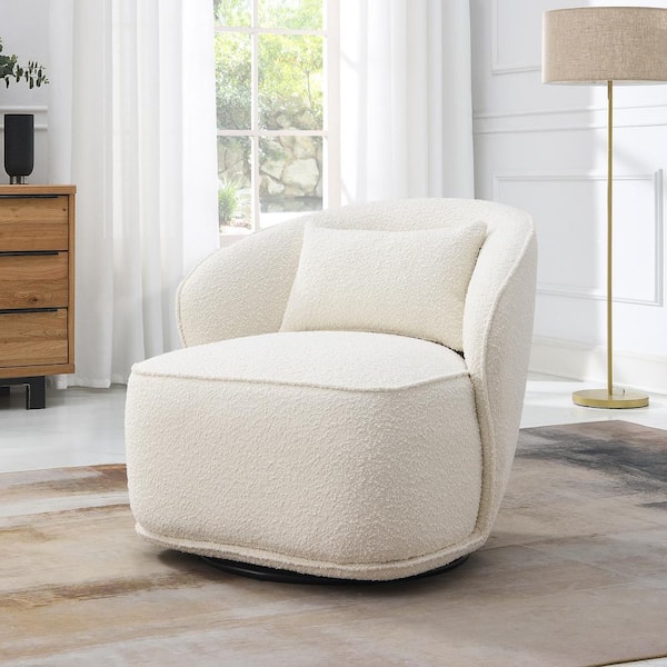 KINWELL Cream Boucle Upholstered 360 Swivel Barrel Accent Chair