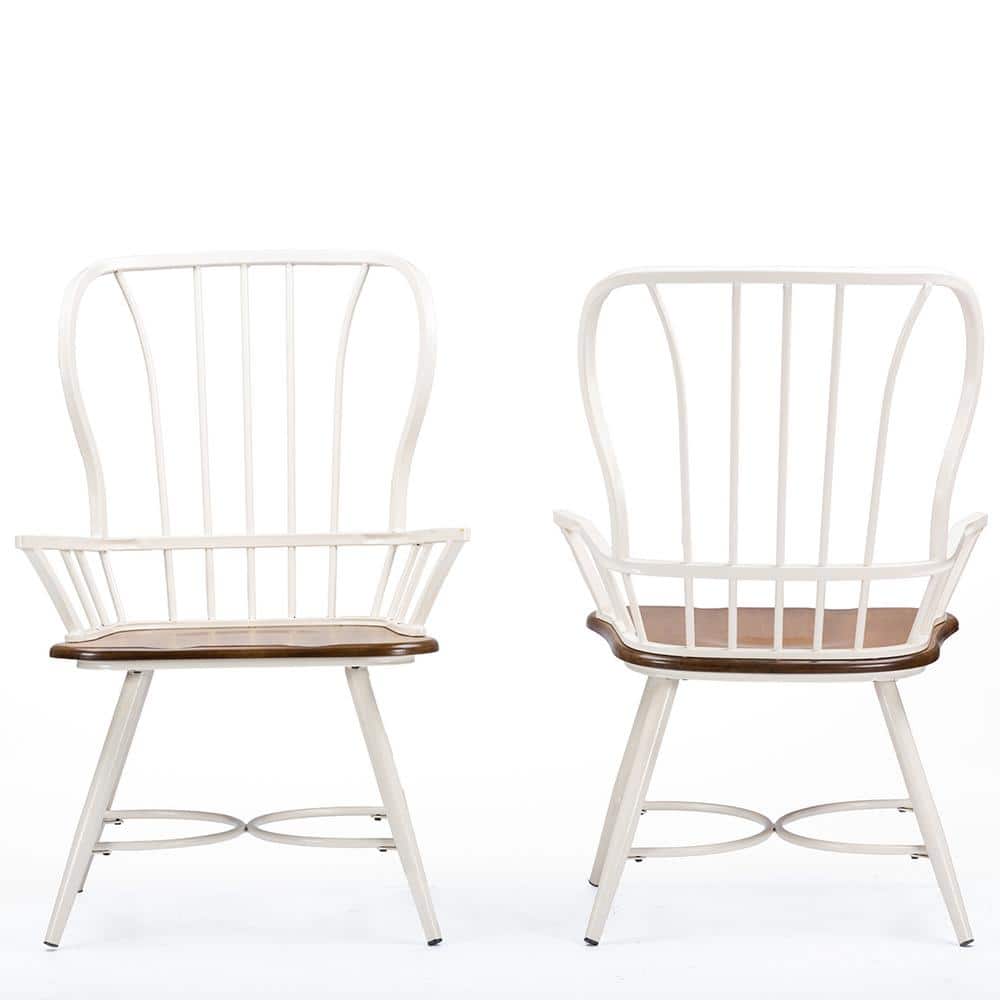 Windsor High Slat Metal Arm Chair in White with Dark Walnut Seat