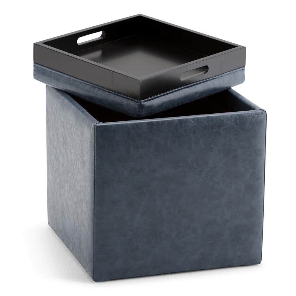 Denim Blue Faux Leather Square Storage Ottoman with Flip-Over Tray