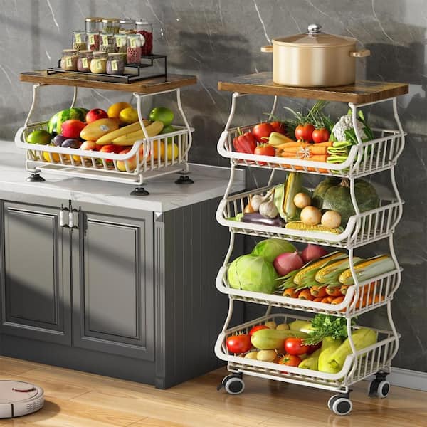 5-Tier Fruit Basket Kitchen Pantry Organizers and Storage with Wooden Top Table and Stackable Metal Wire Basket, White