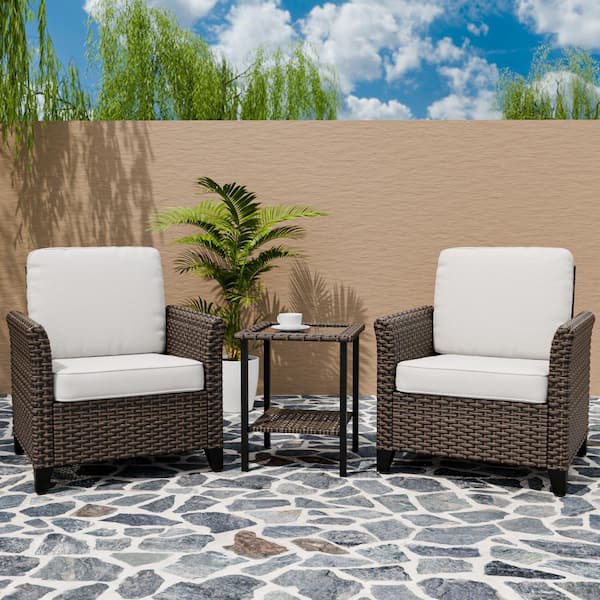 EAGLE PEAK 3-Piece Mix Brown Wicker Patio Conversation Set Wide Armrest Chair Set with Beige Cushions, 2-Tier Side Table
