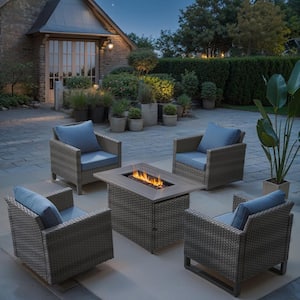 5-Piece Gray Wicker Fire Pit Conversation Set with Olefin Blue Cushions and Rectangle Fire Pit Table