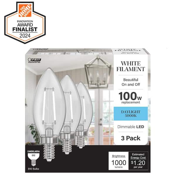 100-Watt Equivalent B10 E12 Candelabra Dim White Filament Clear Glass Chandelier LED Light Bulb Daylight 5000K (3-Pack)