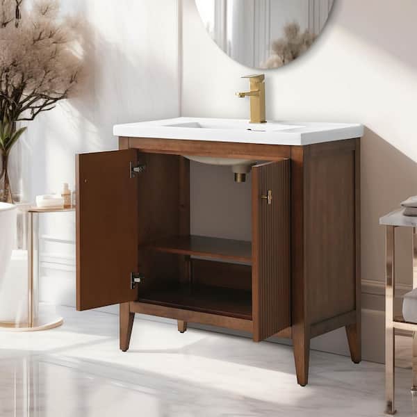 30 in. W x 18.5 in D x 34 in. H Single Sink Bathroom Vanity Cabinet in Linear Walnut with Ceramic Top