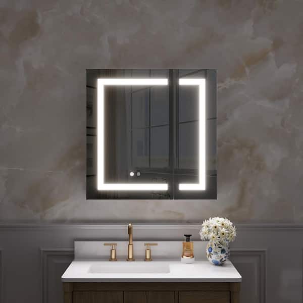 30 in. W x 30 in. H Rectangular Silver Recessed/Surface Mount LED Medicine Cabinet with Mirror Defogger,Double Doors