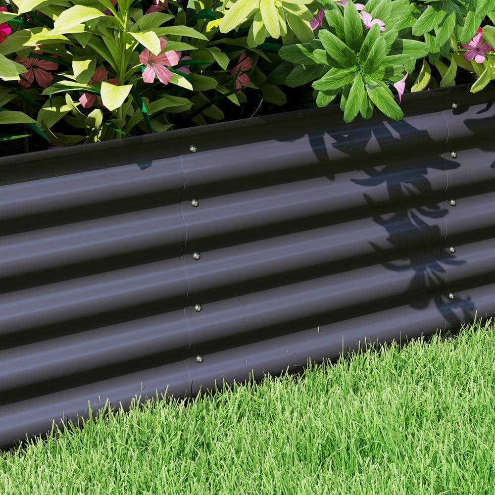 Dark Gray Galvanized Steel Raised Garden Bed Kit with Safety Edging