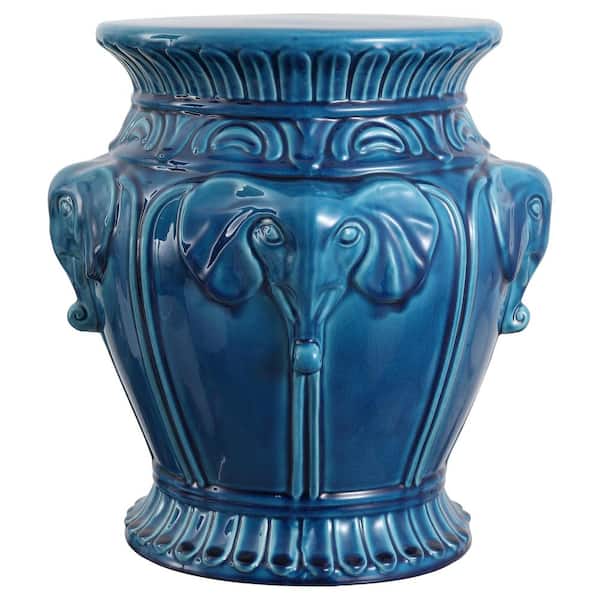 Anita 18 in. Classic Vintage Ceramic Indoor/Outdoor 4-Elephant Garden Stool, Blue Cracks