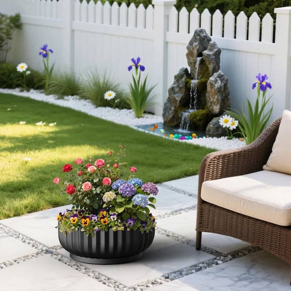 21 in. Large Matte Black(Upgraded Interior) Concrete Round Planter / Pot Ribbed Design Planter Bowl with Drainage Hole