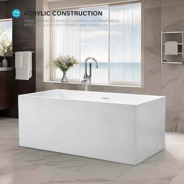 Vanity Art Talence 59 in. Acrylic Flatbottom Freestanding Bathtub in White/Integrated Overflow