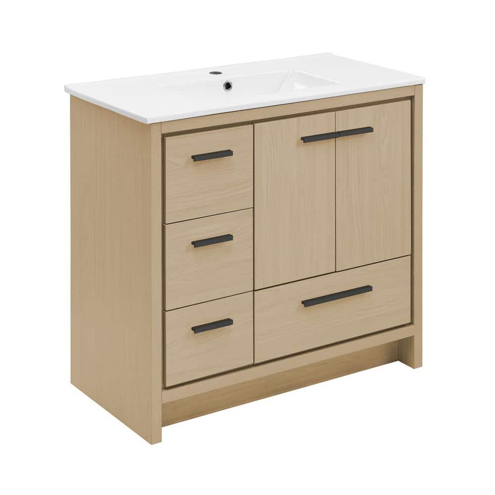 Virage 36" Light Oak MDF Freestanding Bathroom Vanity with Ceramic Top