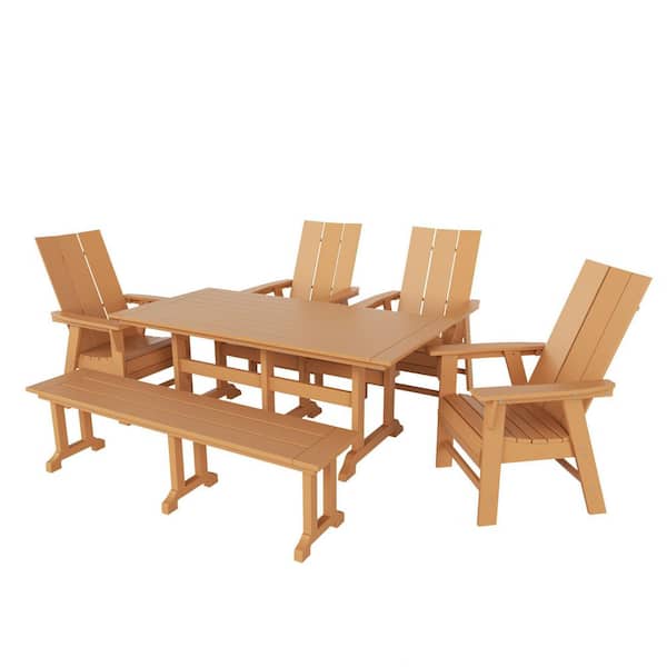 Shoreside Outdoor Patio Weather Resistant Teak 6-Piece HDPE Plastic Adirondack Dining Set with Bench