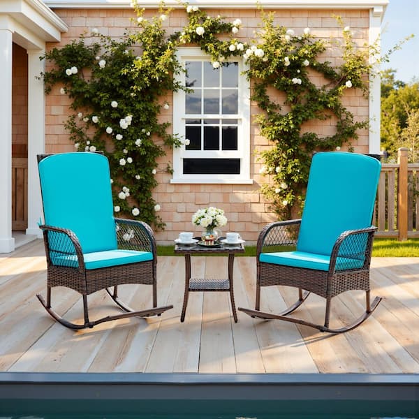 3-Pieces Wicker Patio Outdoor Rocking Chair Set with Cushions and Table, Bistro Set with Footrest, Blue