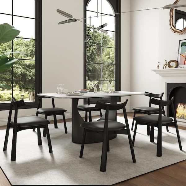 Black Microfiber Leather Dining Chair (Set of 6), Upholstered Side Chairs with Metal Legs for Dining Room